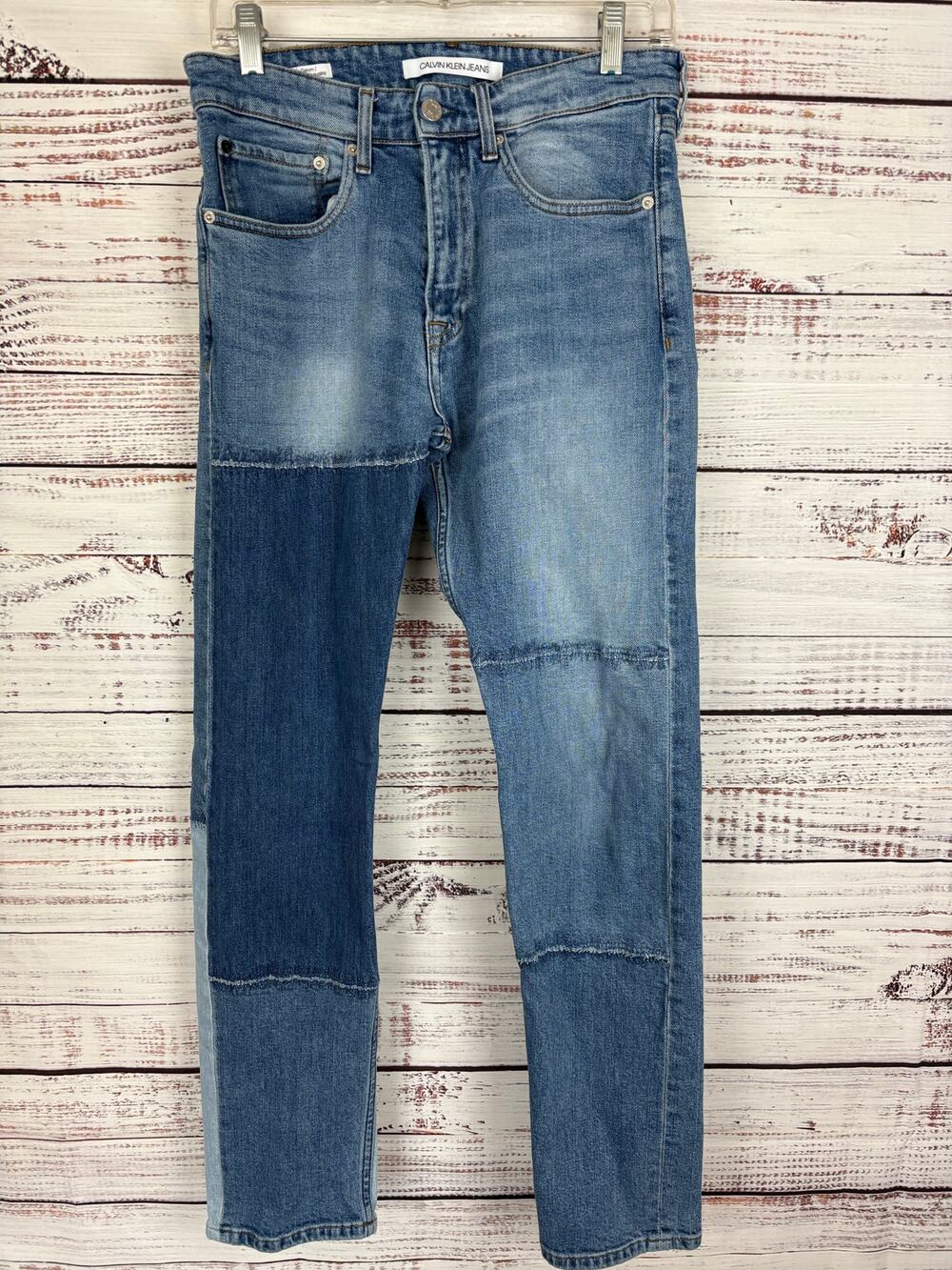 Y2K Calvin Klein Jeans Patchwork Blue Denim Straight Leg Stretch Mens Sz 29 X 32
